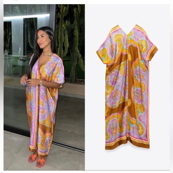 Zara Dresses & Skirts - Zara Printed Boho V-Neck Kaftan Tunic Pull Over Dress